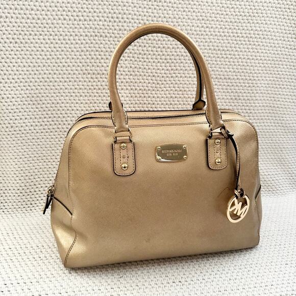 Michael Kors Cindy Gold Metallic Saffiano Leather Dome Shaped Top Handle Satchel - Picture 2 of 13